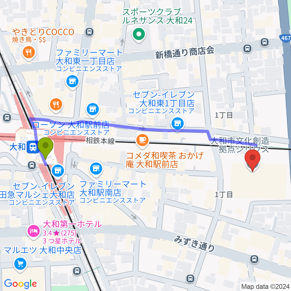 大和市文化創造拠点シリウスの最寄駅大和駅からの徒歩ルート（約6分）地図