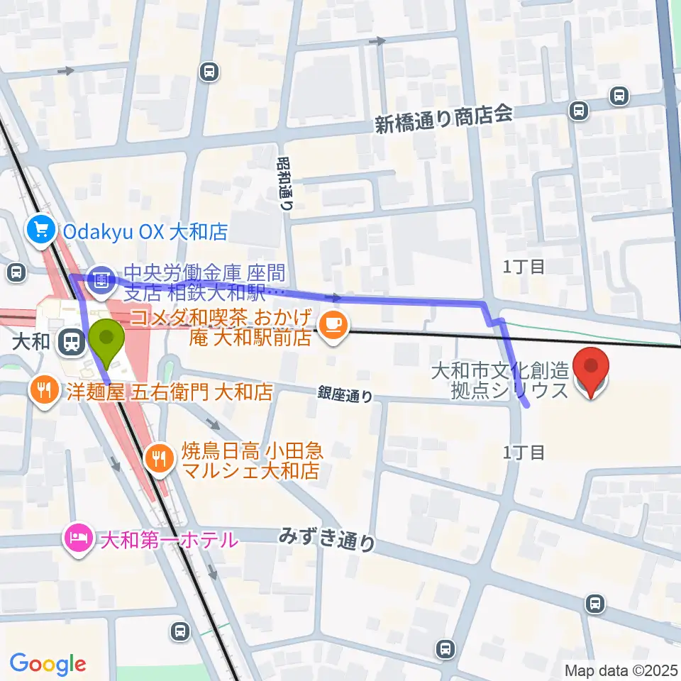 大和市文化創造拠点シリウスの最寄駅大和駅からの徒歩ルート（約6分）地図