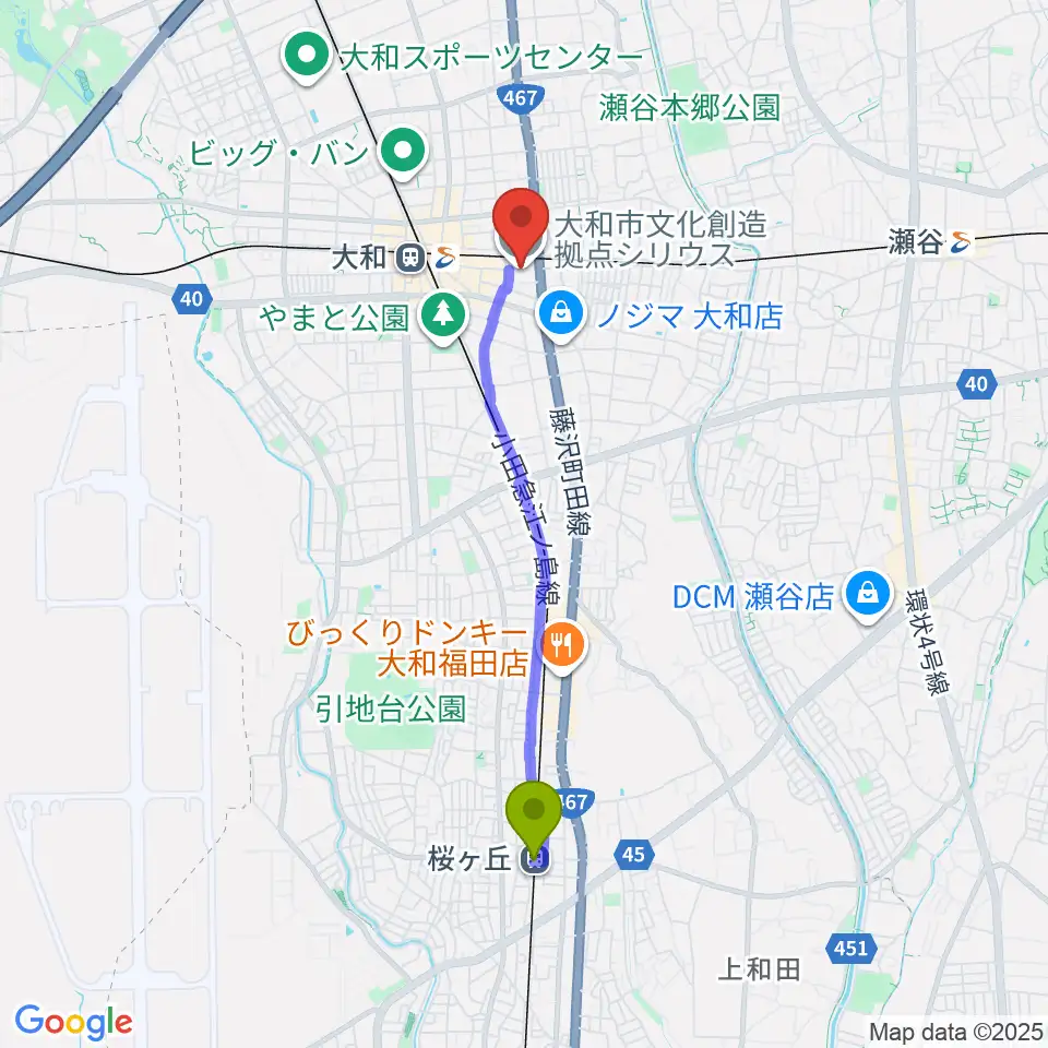 桜ヶ丘駅から大和市文化創造拠点シリウスへのルートマップ地図