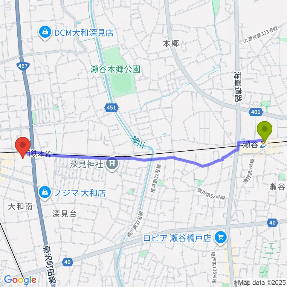 瀬谷駅から大和市文化創造拠点シリウスへのルートマップ地図