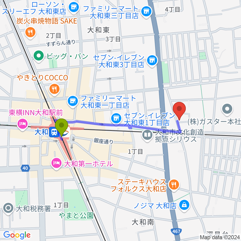 ウィーンホールの最寄駅大和駅からの徒歩ルート（約8分）地図