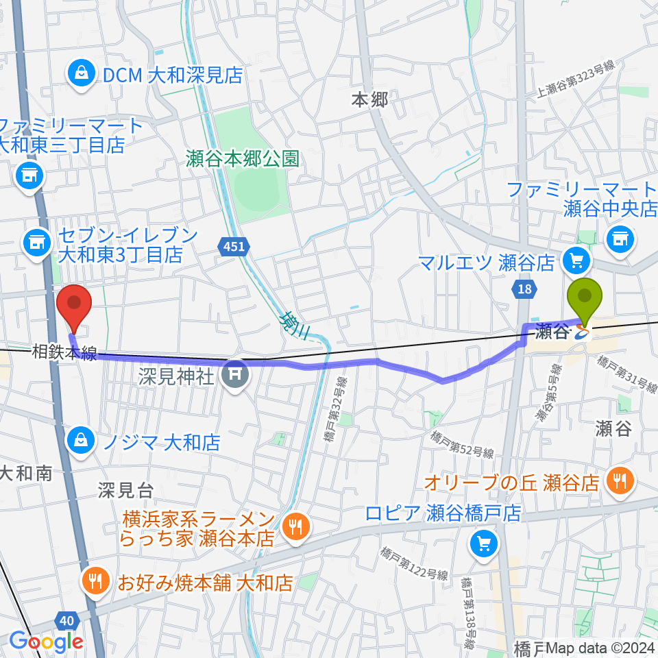 瀬谷駅からウィーンホールへのルートマップ地図