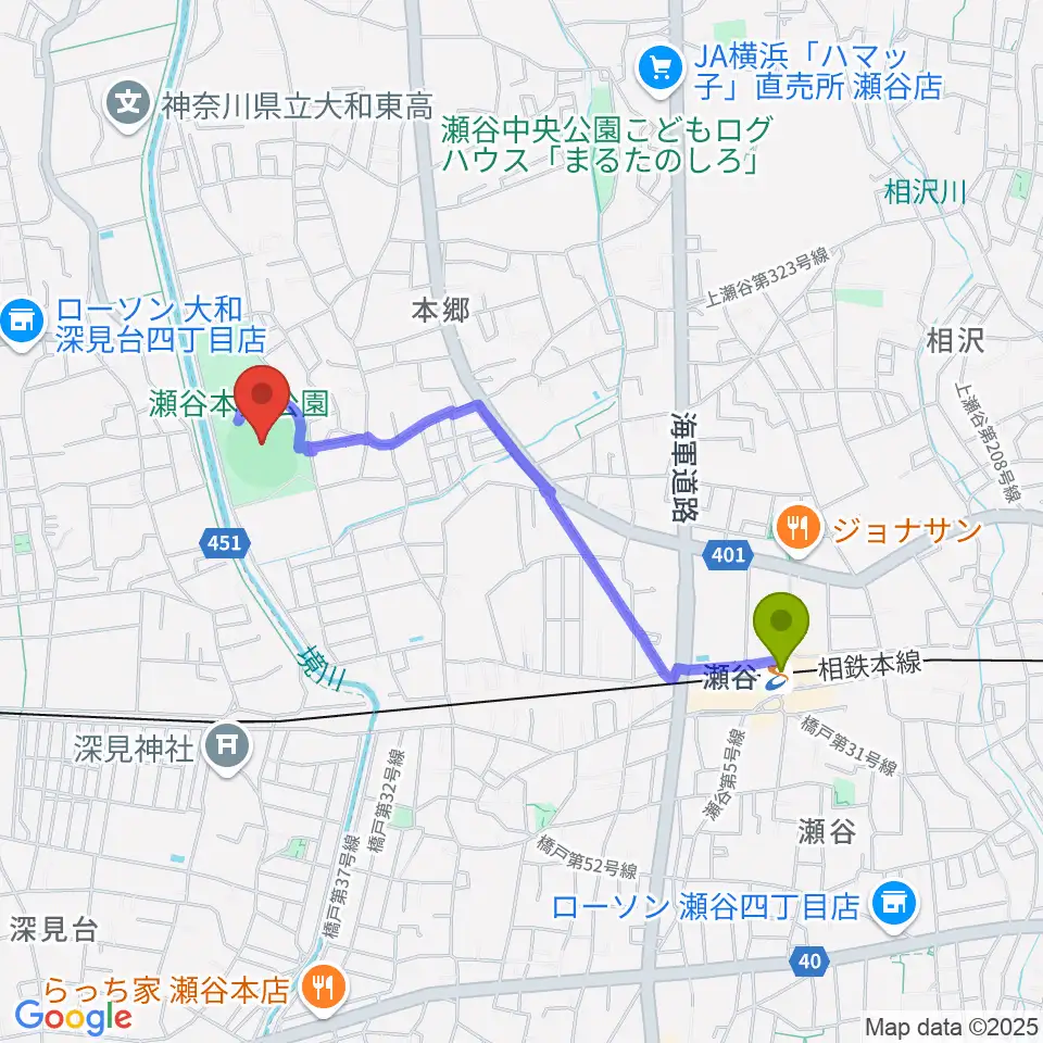 瀬谷本郷公園野球場の最寄駅瀬谷駅からの徒歩ルート（約17分）地図