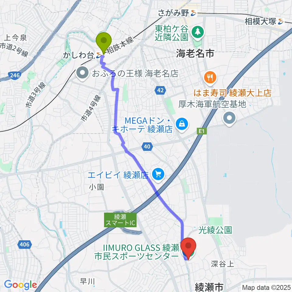 IIMURO GLASS綾瀬市民スポーツセンター体育館の最寄駅かしわ台駅からの徒歩ルート（約47分）地図