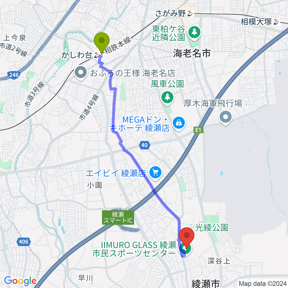 IIMURO GLASS綾瀬市民スポーツセンター陸上競技場の最寄駅かしわ台駅からの徒歩ルート（約46分）地図