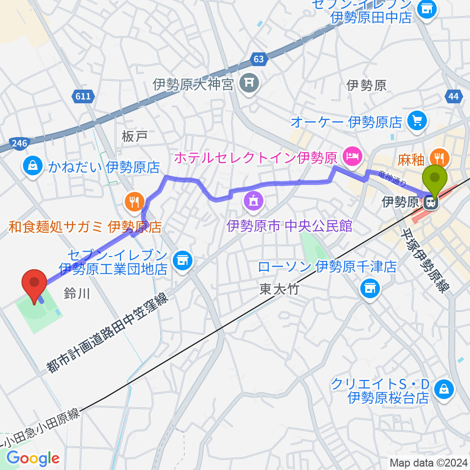 チャンピオンすずかわ野球場の最寄駅伊勢原駅からの徒歩ルート（約27分）地図