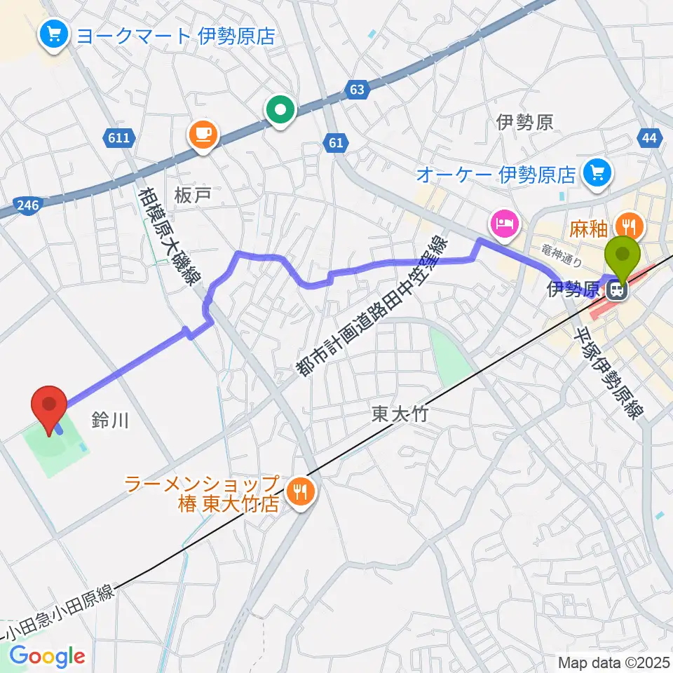 チャンピオンすずかわ野球場の最寄駅伊勢原駅からの徒歩ルート（約27分）地図