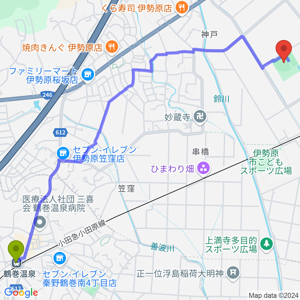 鶴巻温泉駅からチャンピオンすずかわ野球場へのルートマップ地図