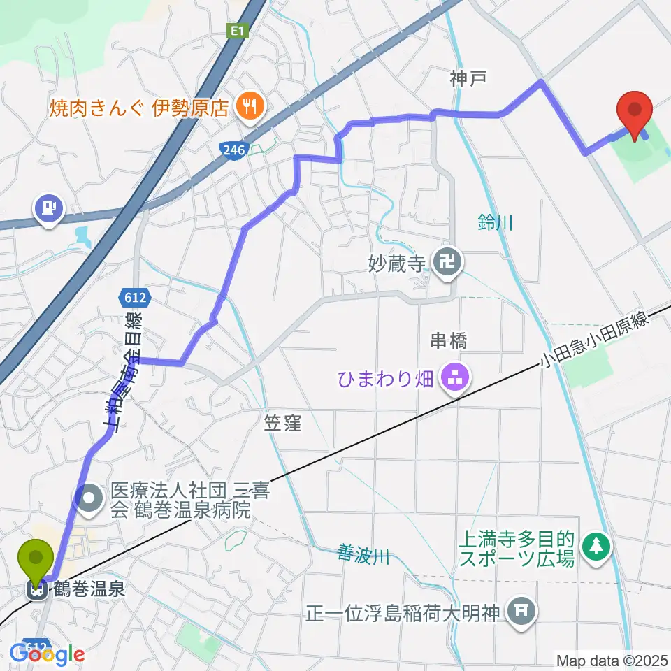 鶴巻温泉駅からチャンピオンすずかわ野球場へのルートマップ地図