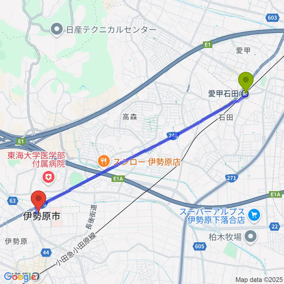 愛甲石田駅から伊勢原市立子ども科学館へのルートマップ地図