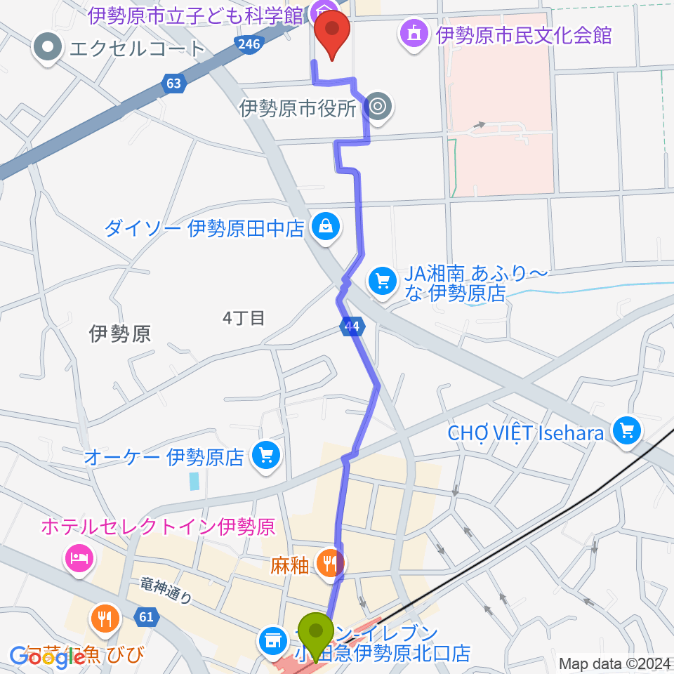 伊勢原市立子ども科学館の最寄駅伊勢原駅からの徒歩ルート（約14分）地図