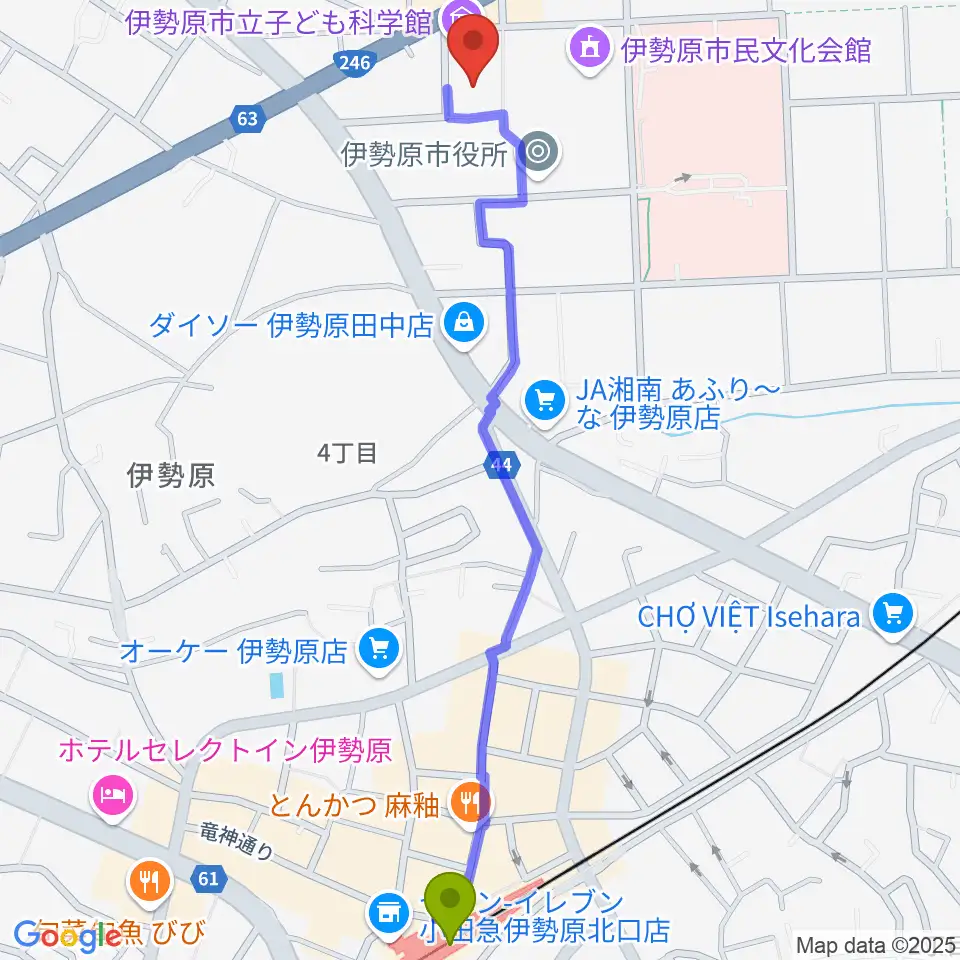 伊勢原市立子ども科学館の最寄駅伊勢原駅からの徒歩ルート（約14分）地図