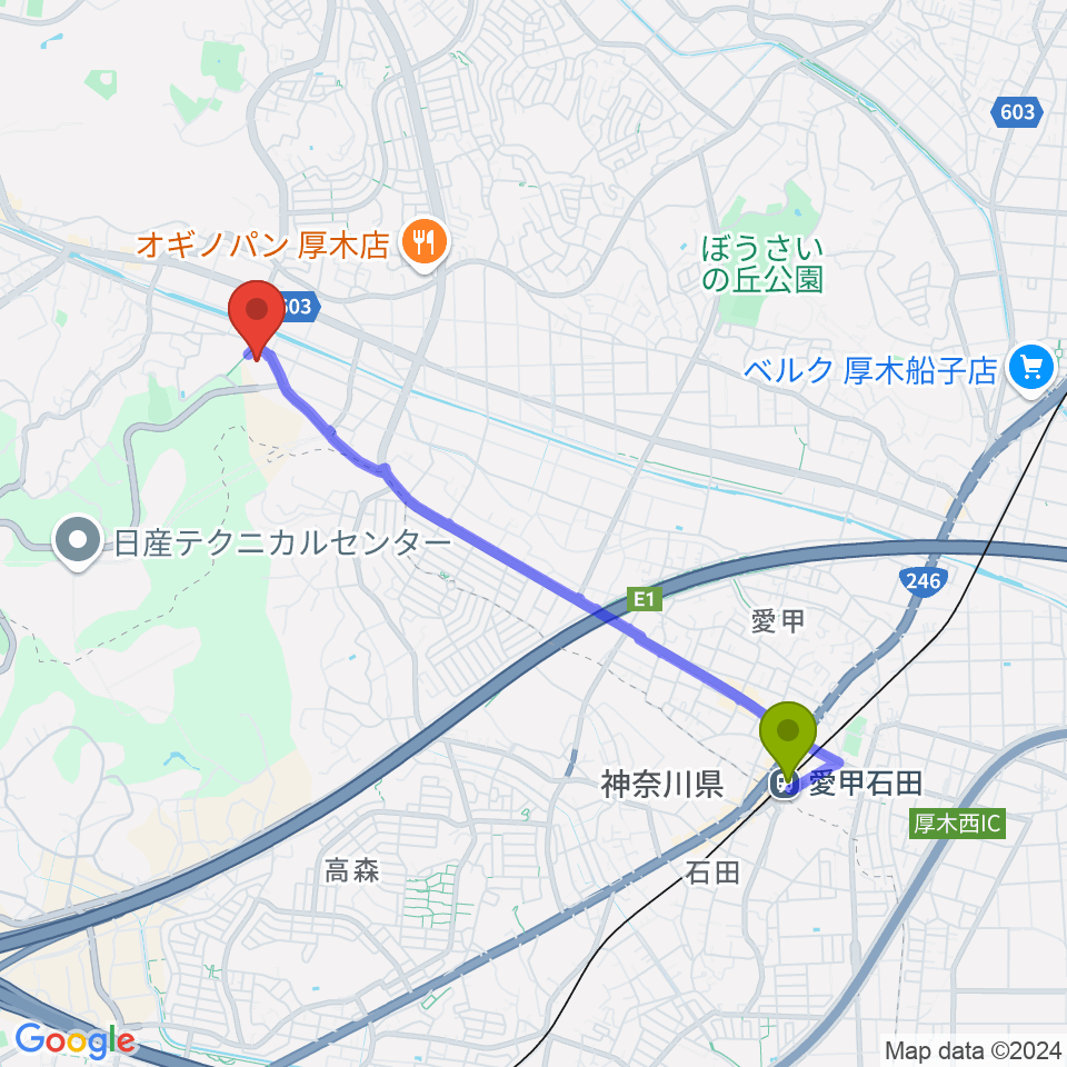 厚木市営玉川野球場の最寄駅愛甲石田駅からの徒歩ルート（約40分）地図