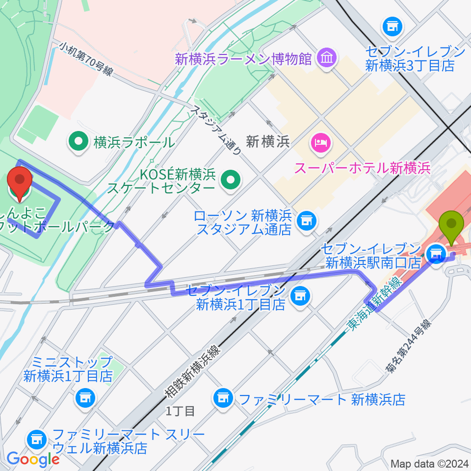 新横浜駅からしんよこフットボールパークへのルートマップ地図