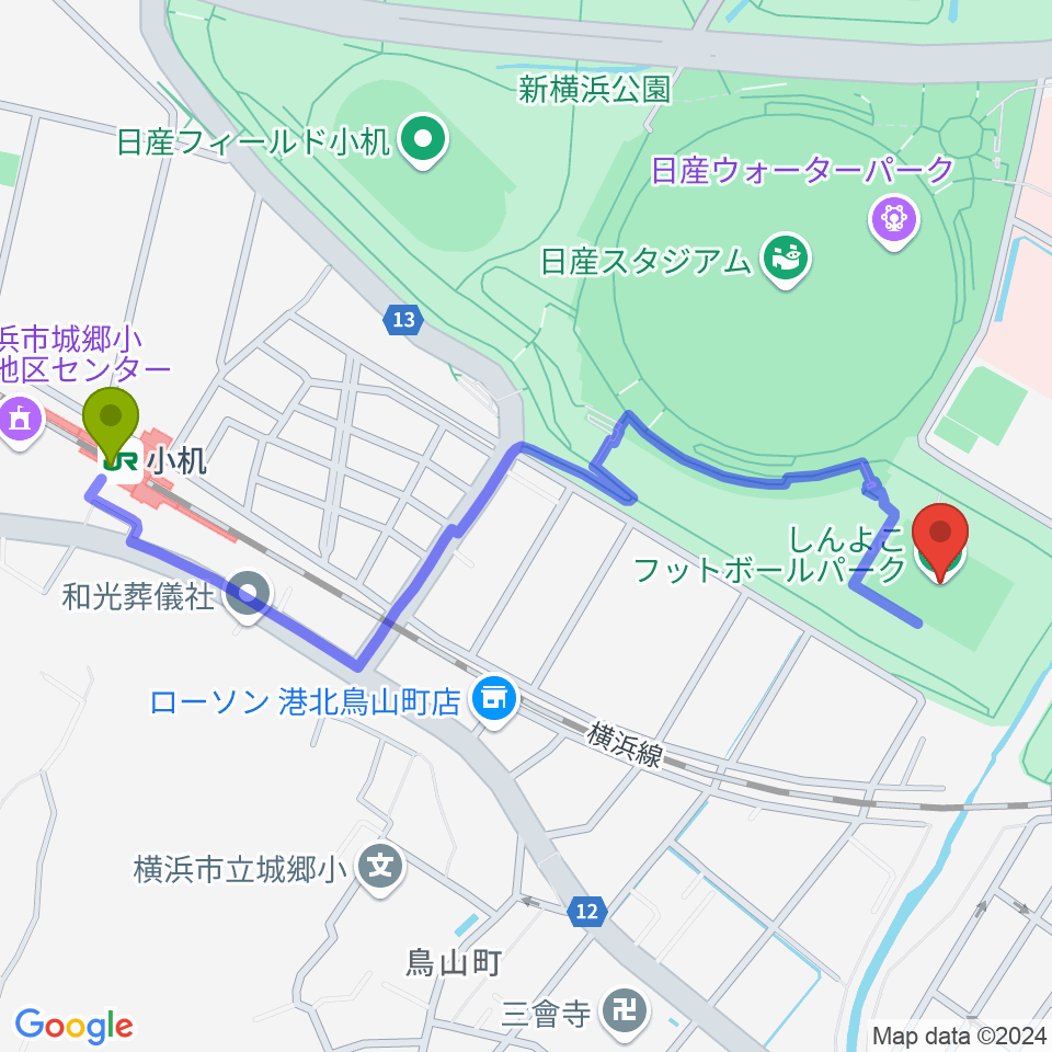 しんよこフットボールパークの最寄駅小机駅からの徒歩ルート（約12分）地図