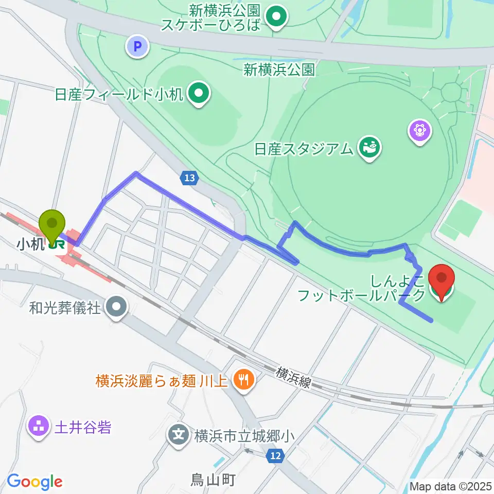 しんよこフットボールパークの最寄駅小机駅からの徒歩ルート（約12分）地図