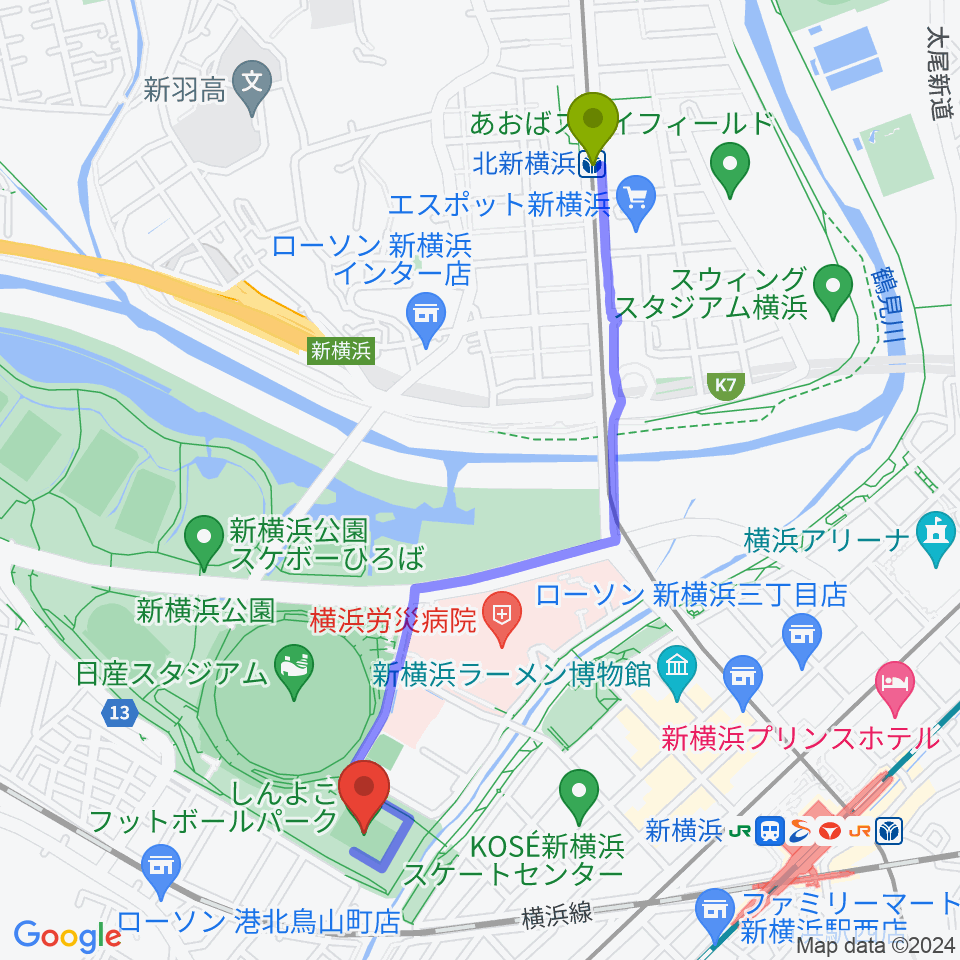 北新横浜駅からしんよこフットボールパークへのルートマップ地図