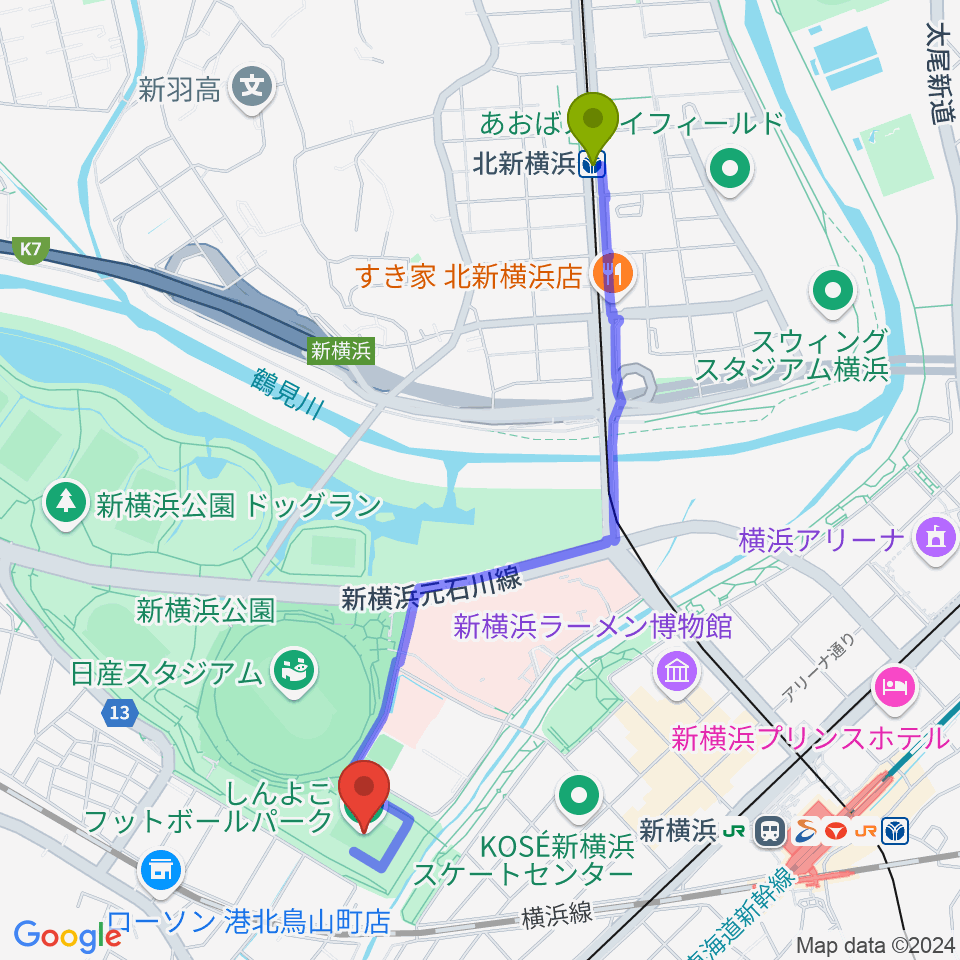 北新横浜駅からしんよこフットボールパークへのルートマップ地図