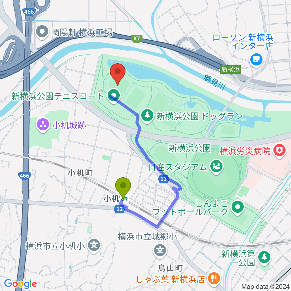  新横浜公園野球場の最寄駅小机駅からの徒歩ルート（約12分）地図