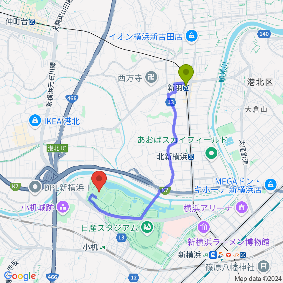 新羽駅から 新横浜公園野球場へのルートマップ地図