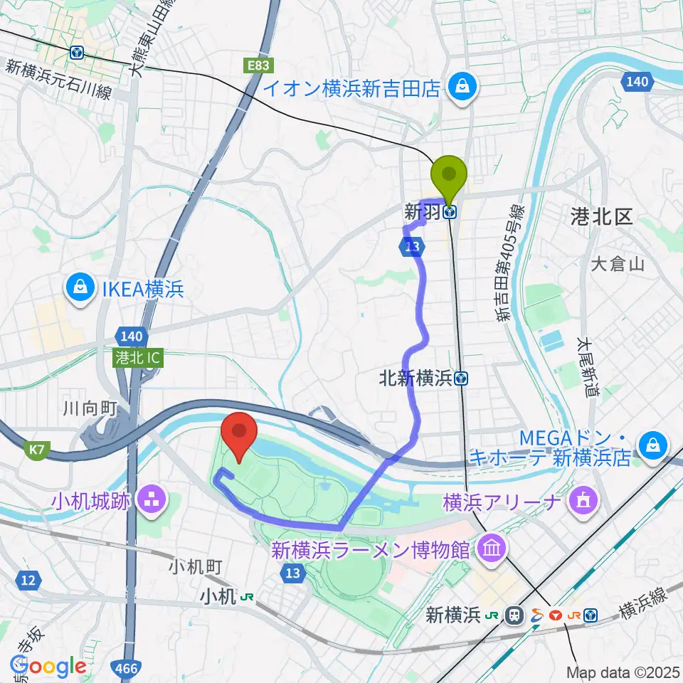 新羽駅から 新横浜公園野球場へのルートマップ地図