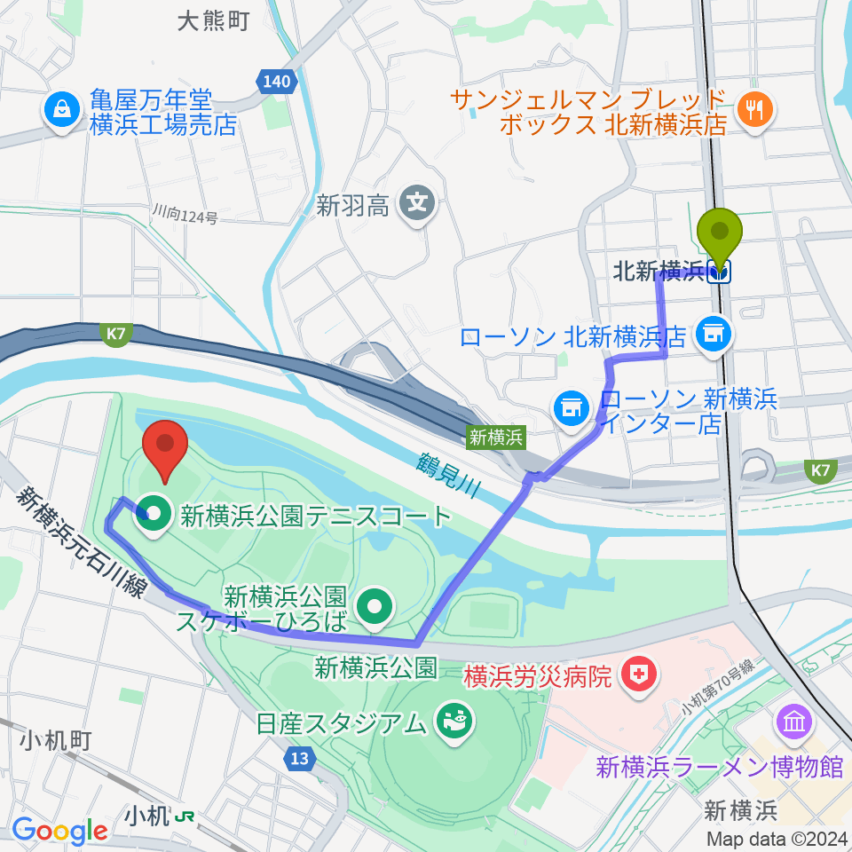 北新横浜駅から 新横浜公園野球場へのルートマップ地図