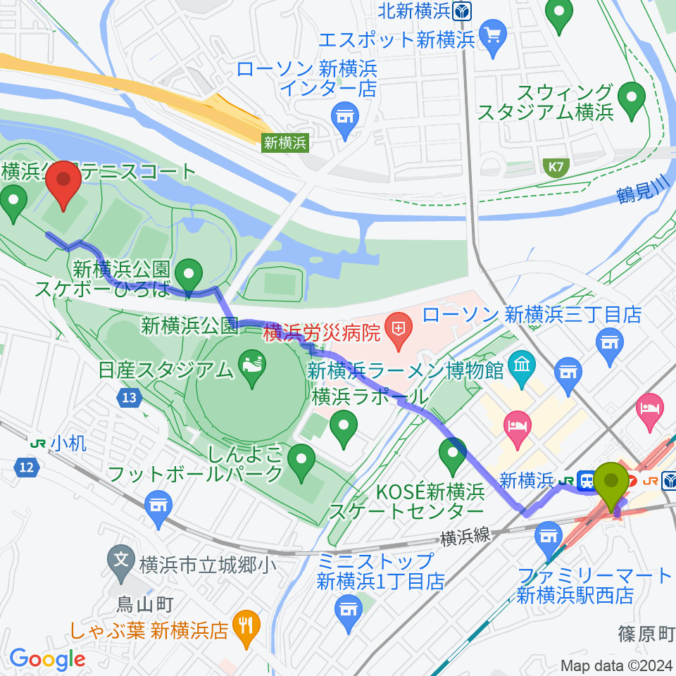新横浜駅から 新横浜公園第1運動広場へのルートマップ地図