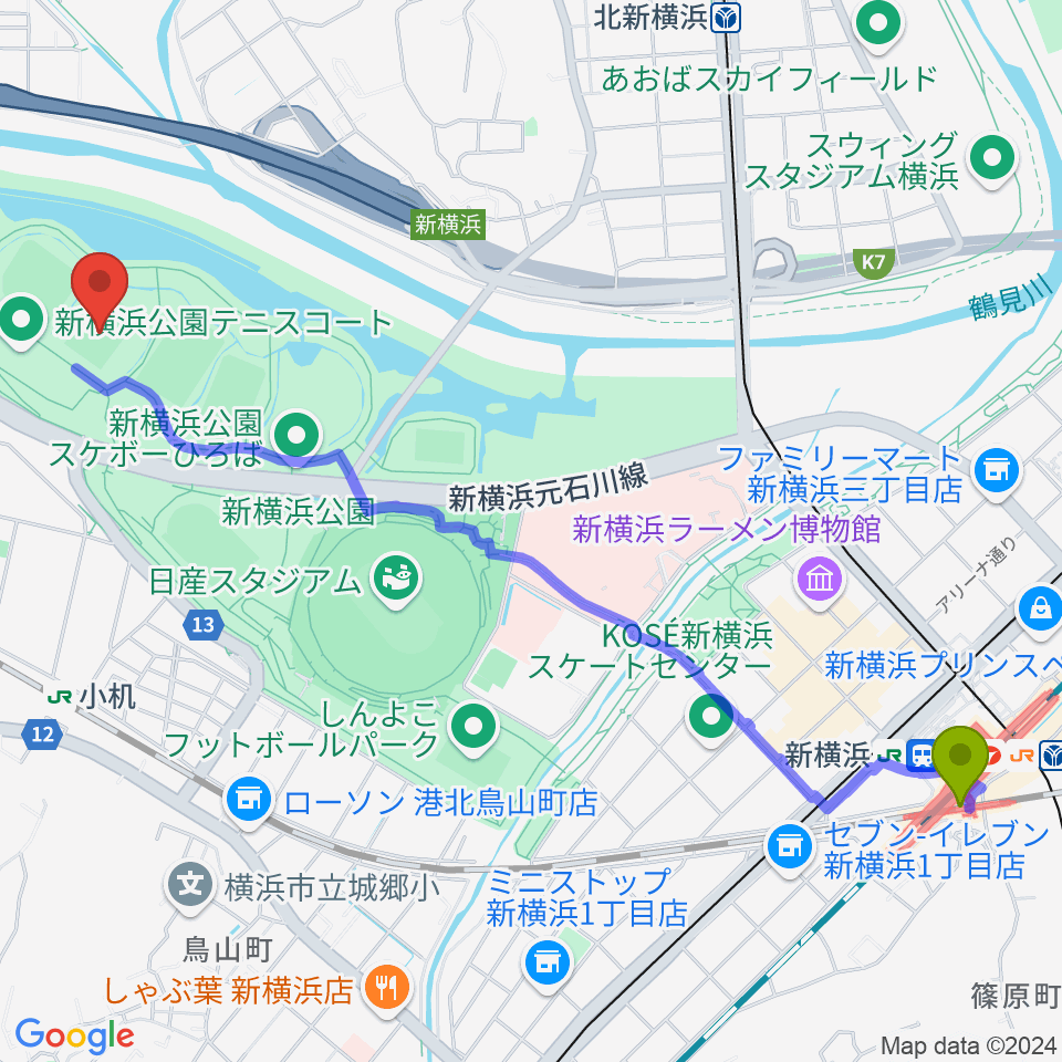 新横浜駅から 新横浜公園第1運動広場へのルートマップ地図