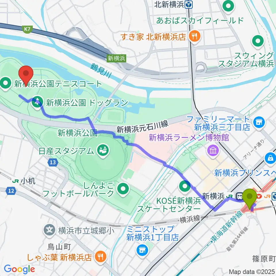 新横浜駅から 新横浜公園第1運動広場へのルートマップ地図