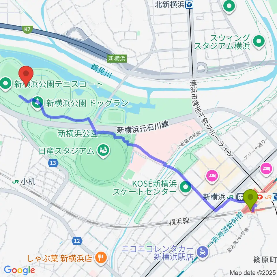 新横浜駅から 新横浜公園第1運動広場へのルートマップ地図