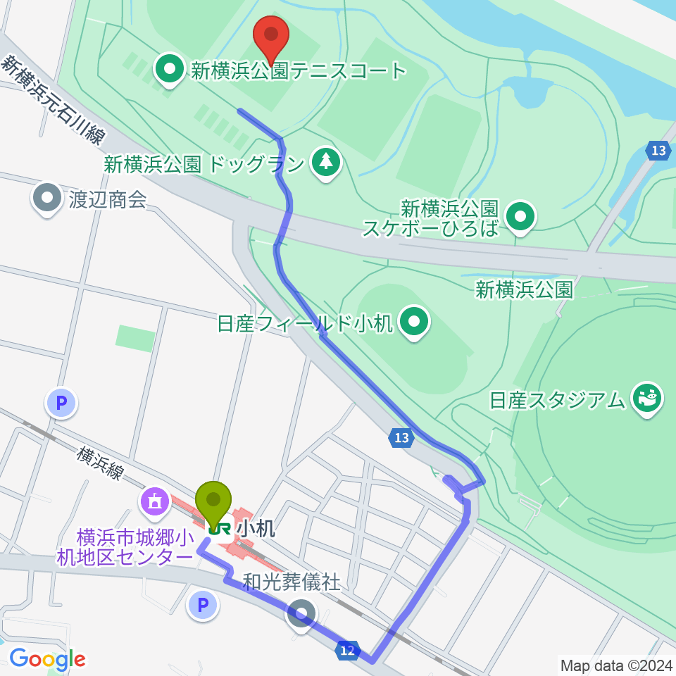  新横浜公園第1運動広場の最寄駅小机駅からの徒歩ルート（約11分）地図