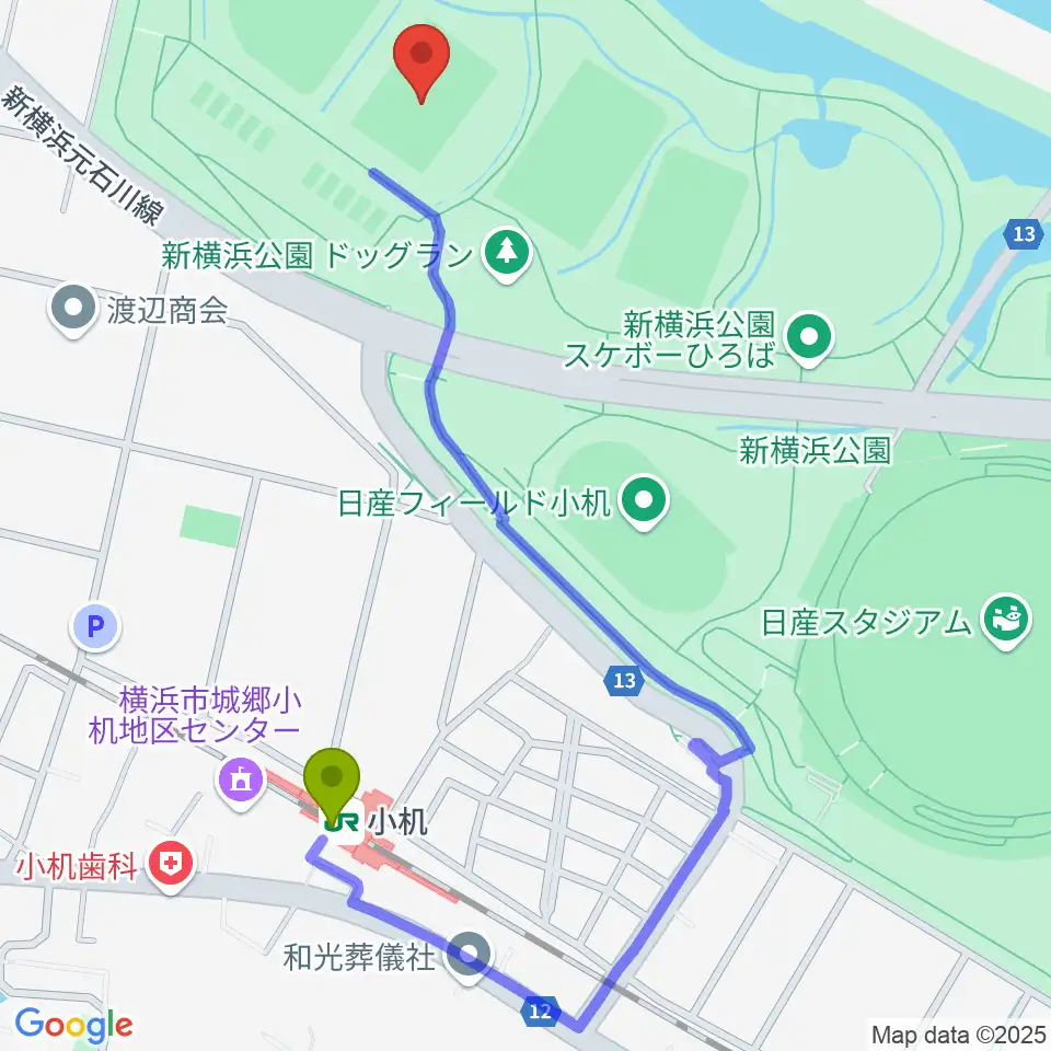  新横浜公園第1運動広場の最寄駅小机駅からの徒歩ルート（約11分）地図