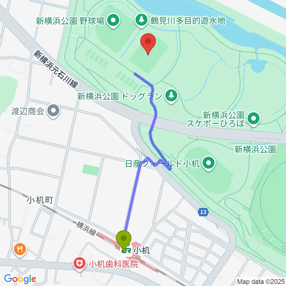  新横浜公園第1運動広場の最寄駅小机駅からの徒歩ルート（約11分）地図