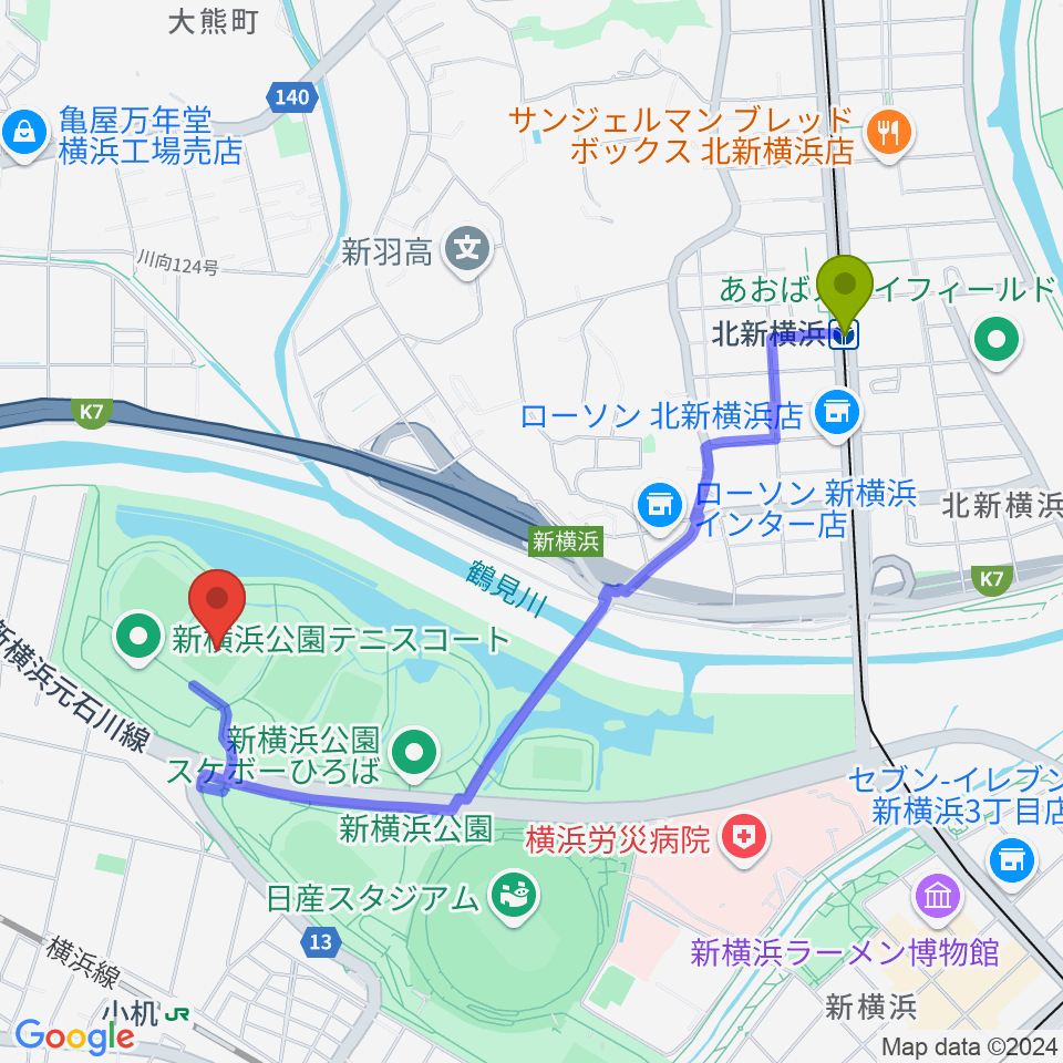 北新横浜駅から 新横浜公園第1運動広場へのルートマップ地図