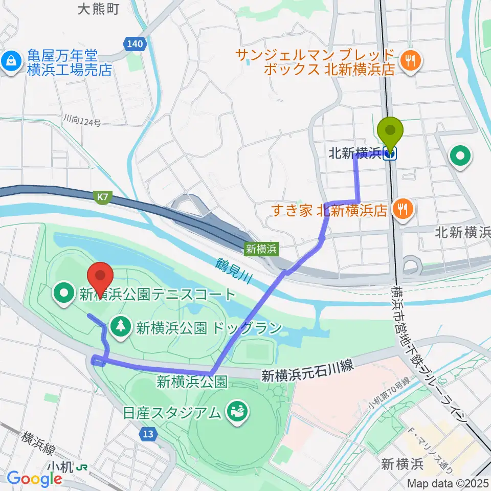 北新横浜駅から 新横浜公園第1運動広場へのルートマップ地図