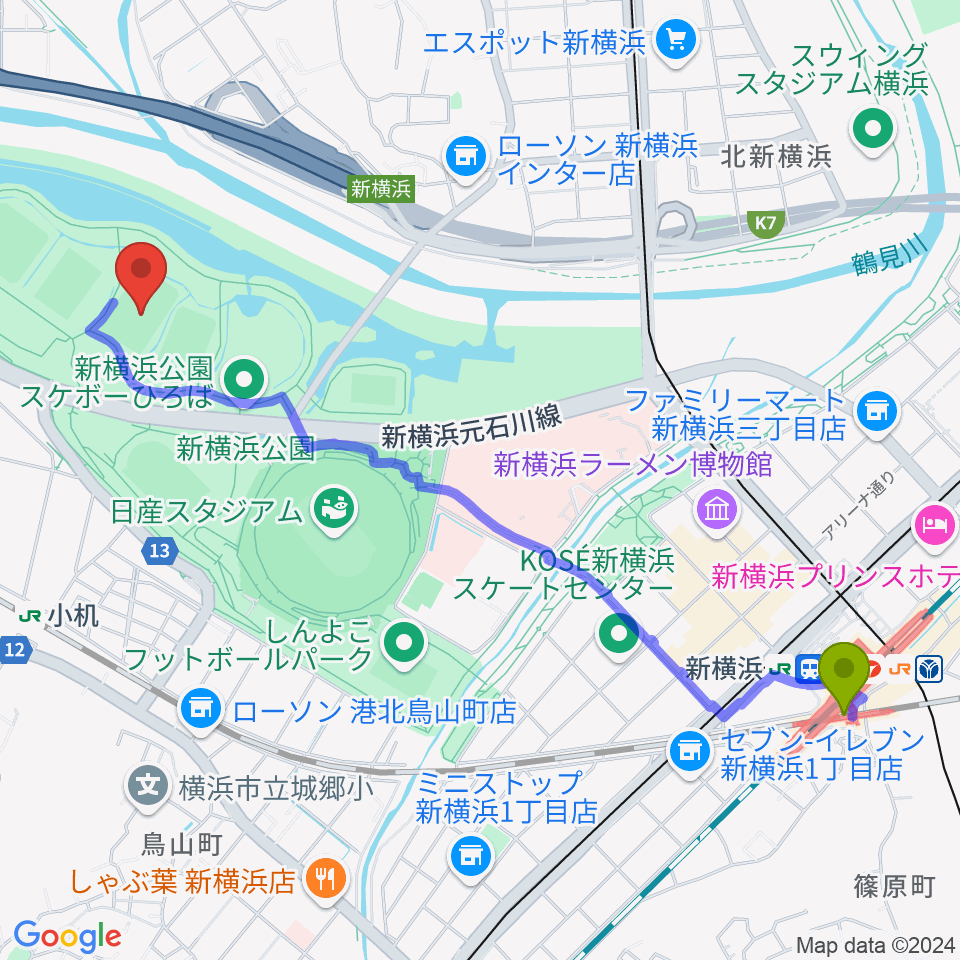 新横浜駅から新横浜公園第2運動広場へのルートマップ地図