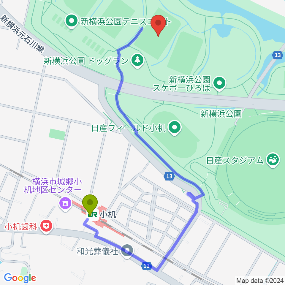 新横浜公園第2運動広場の最寄駅小机駅からの徒歩ルート（約10分）地図