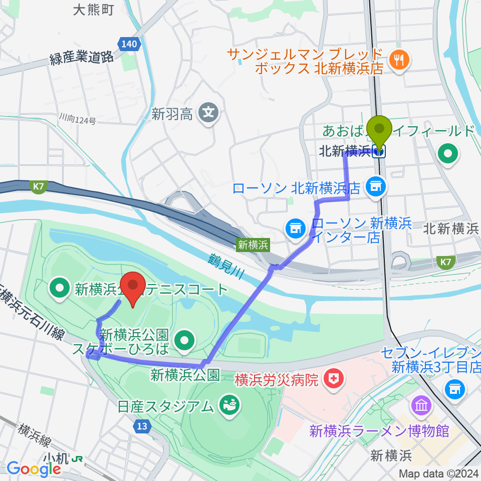 北新横浜駅から新横浜公園第2運動広場へのルートマップ地図