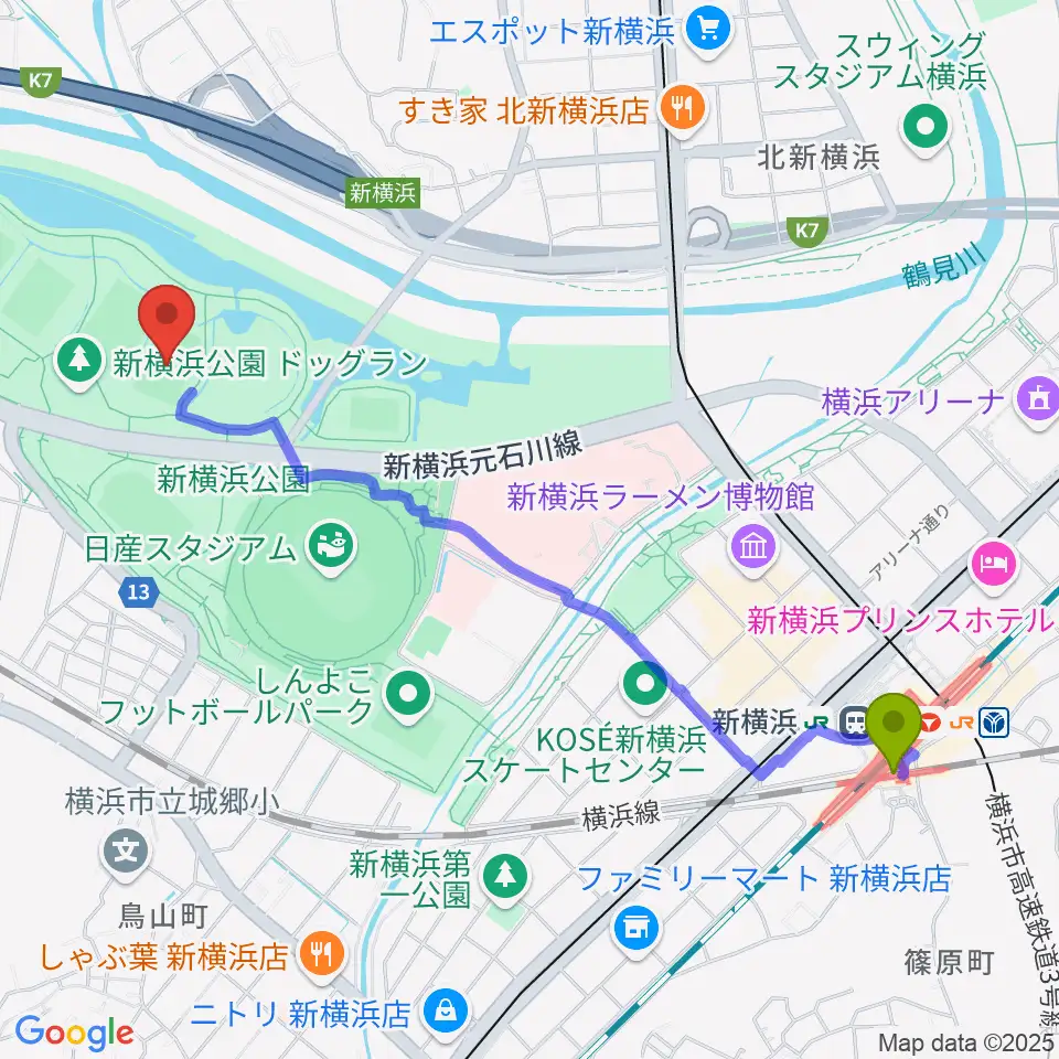 新横浜駅から新横浜公園球技場へのルートマップ地図