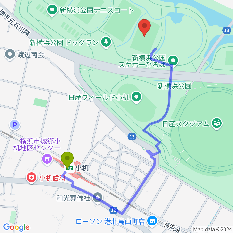 新横浜公園球技場の最寄駅小机駅からの徒歩ルート（約10分）地図