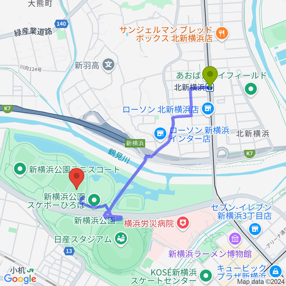 北新横浜駅から新横浜公園球技場へのルートマップ地図