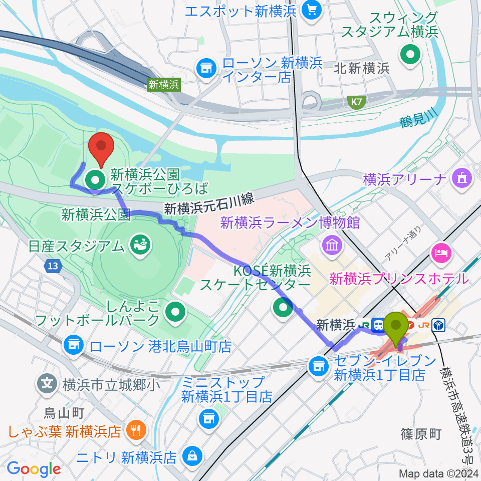 新横浜駅から新横浜公園草地広場へのルートマップ地図