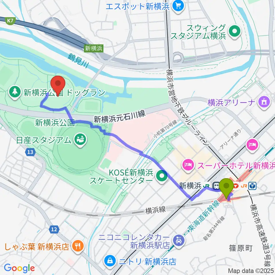 新横浜駅から新横浜公園草地広場へのルートマップ地図