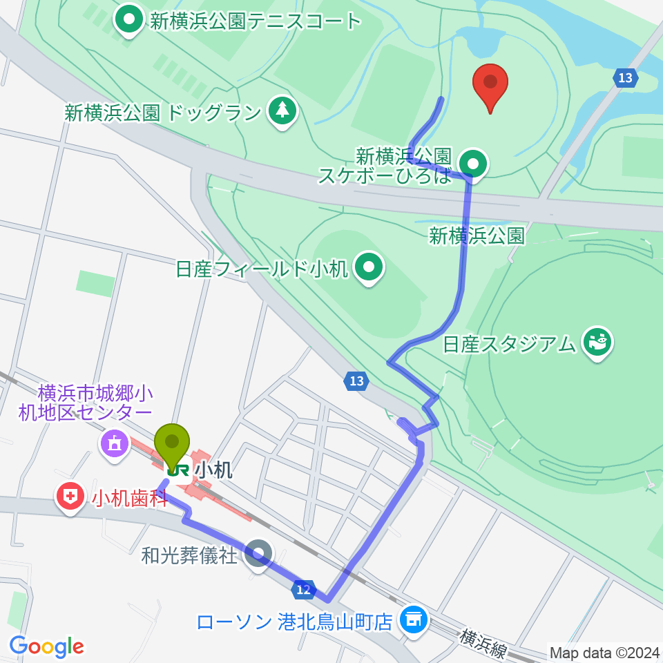 新横浜公園草地広場の最寄駅小机駅からの徒歩ルート（約11分）地図