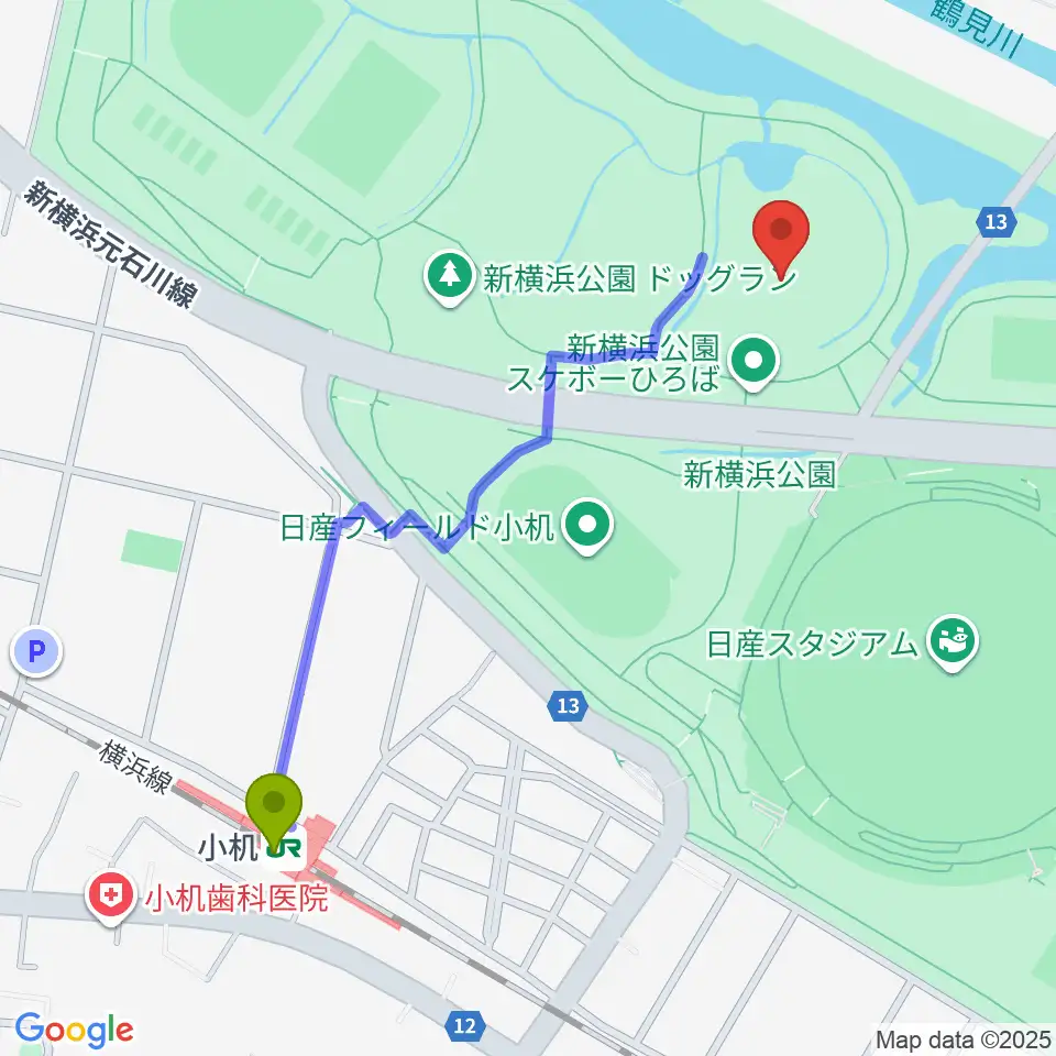 新横浜公園草地広場の最寄駅小机駅からの徒歩ルート（約11分）地図