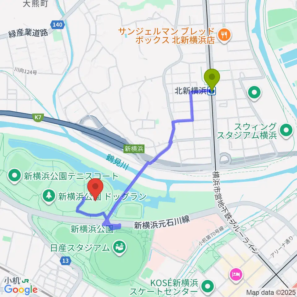 北新横浜駅から新横浜公園草地広場へのルートマップ地図