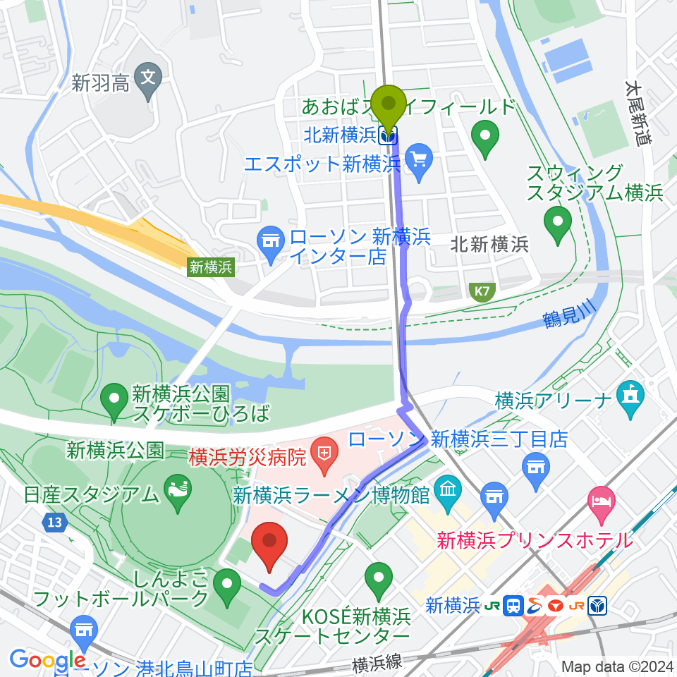 北新横浜駅から横浜ラポールへのルートマップ地図