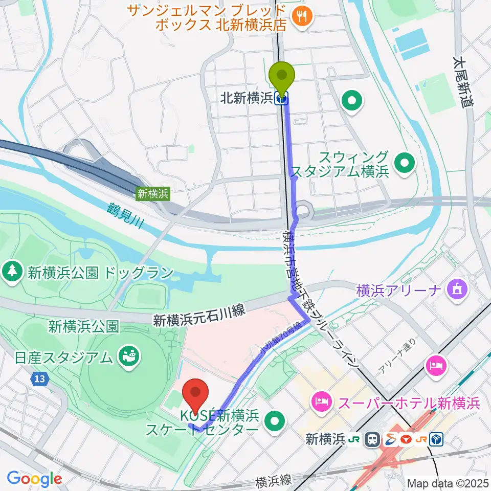 北新横浜駅から横浜ラポールへのルートマップ地図