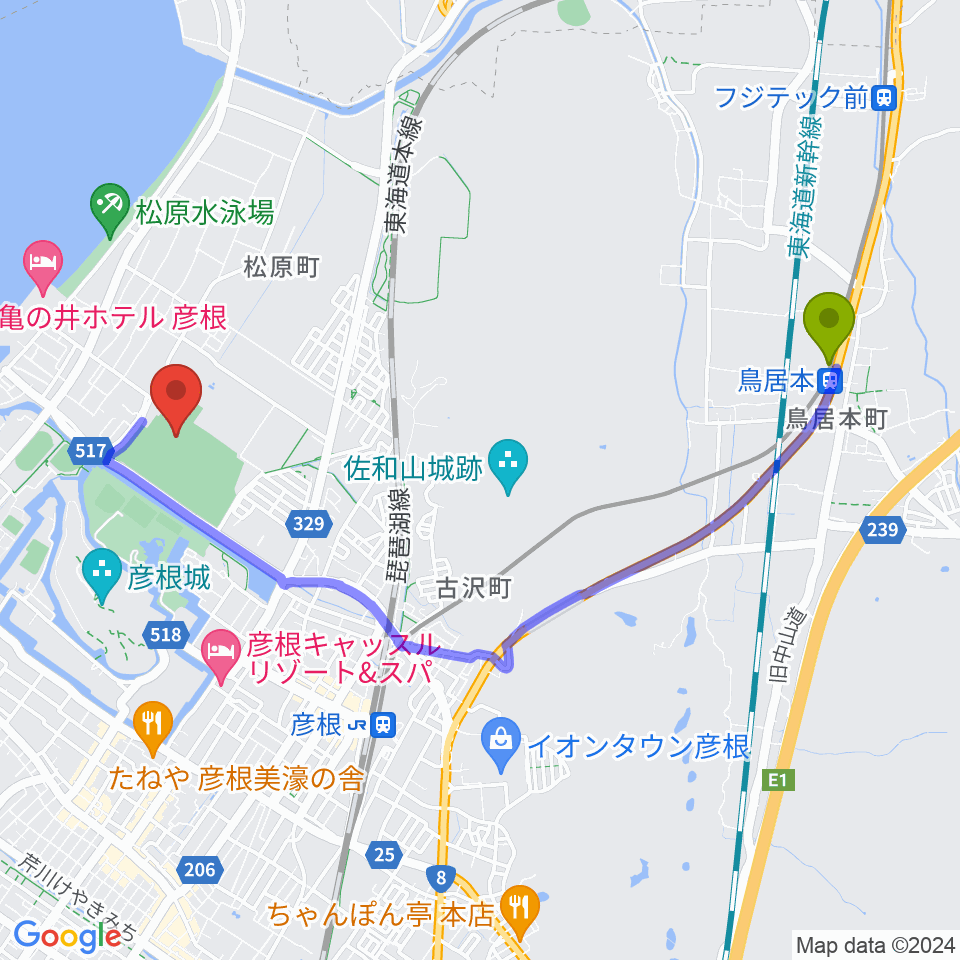 鳥居本駅から平和堂HATOスタジアムへのルートマップ地図