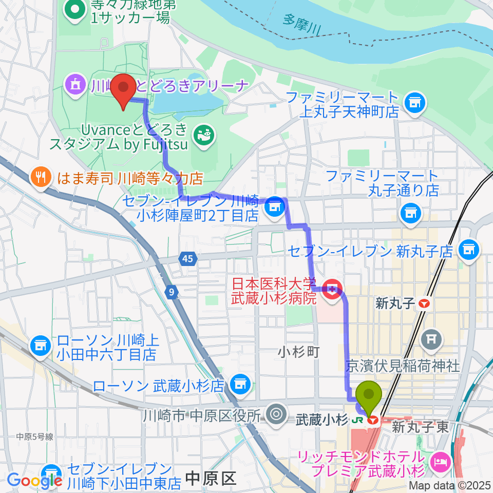 武蔵小杉駅から等々力緑地中央グラウンドへのルートマップ地図